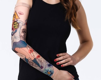 Unisex SKULLGIRL Mesh Tattoo Sleeve, Fake Tattoo, Temporary Tattoo, Skull Tattoo, Bones Tattoo, Skeleton Tattoo