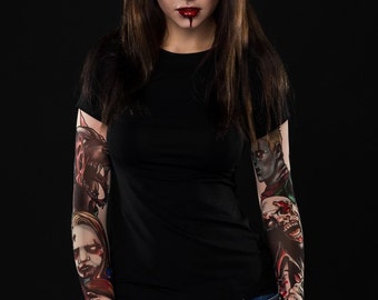 ZOMBIE Halloween T-shirt for Women, Zombie Tattoo Sleeves, Halloween Mesh Sleeve, Halloween Womens Shirts, Zombie Costume, Halloween Costume