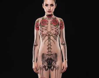 TATTOO SKELETON Bodysuit & Leggings SET, Skeleton Costume, Halloween Bodysuit, Halloween Clothing Set, Mesh Bodysuit, Fake Tattoo Costume