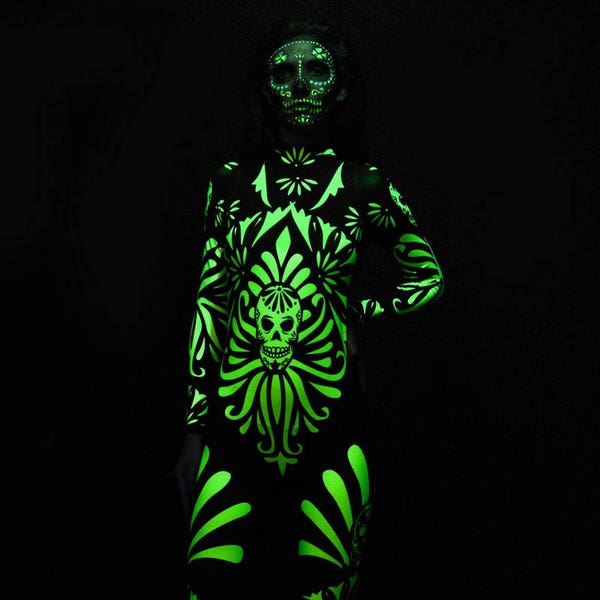 Fluo MEXICAN SKULL Disfraz de Halloween, Disfraz de calavera fluorescente, Traje de gato de Halloween para adultos, Disfraz de Día de muertos