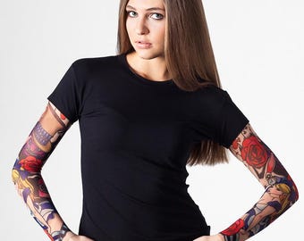 ALICE IN WONDERLAND Womens Tshirt, Tattoo Tshirt, Womens Top, Temporary Tattoo, Tattoo Sleeve, Halloween Shirt, Halloween T-shirt, Costume