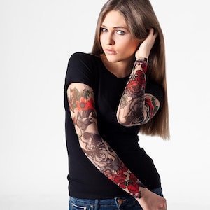SKULL & ROSES T-shirt for Women with Tattoo Sleeves, Temporary Tattoos, Mesh Tattoo, Womens T-shirts, Halloween Costume, Halloween T-shirt