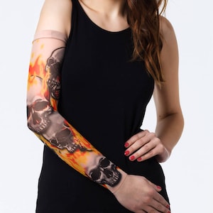 New! - Unisex SKULLS ON FIRE Mesh Tattoo Sleeve, Fake Tattoo, Temporary Tattoo, Skull Tattoo, Flames Tattoo, Motorcycle Style Tattoo