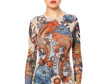 NEW! - JAPAN STYLE Tattoo Blouse, Mesh Blouse, Womens Clothing, Womens Blouses, Fake Tattoo Blouse, Dragon Tattoo, Printed Womens Blouse
