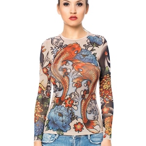 NEW! - JAPAN STYLE Tattoo Blouse, Mesh Blouse, Womens Clothing, Womens Blouses, Fake Tattoo Blouse, Dragon Tattoo, Printed Womens Blouse