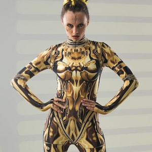 GOLD ARMOR Costume for Women, Halloween Costume for Women, Catsuit with Tattoo Effect on the Back, Golden Costume for Women, Mandala Tattoo