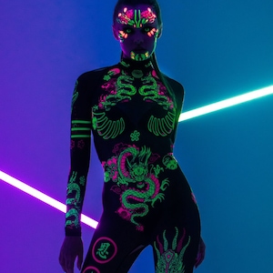 CHINESE DRAGONS FLUORESCENT Black Catsuit, Rave Mesh Onsie, Festival Bodysuit, Neon Clothing, Green Pink Neon Dragon Design, Dragon Costume