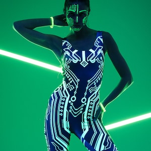 CYBER UV REACTIVE Jumpsuit, Neon Bodysuit, Rave Onsie, Festival Outfit, Burning Man Clothing, Halloween Costume, Futuristic Costume