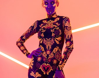 2 KLEUREN fluorescerende zwarte catsuit, fullbody tribal catsuit, halloweenkostuum, rave onsie, festivaloutfit, mesh onsie, fluorescerende tattoo