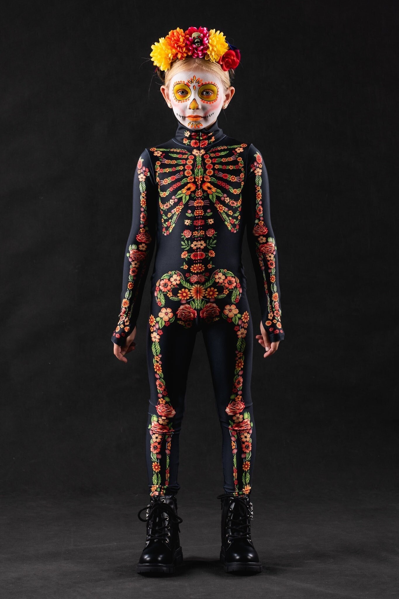 YELLOW FLOWERS Skeleton Halloween Costume, Kids Full Body Skeleton Costume, Kids Costume, Halloween Costume for Girl, Girls Skeleton Outfit