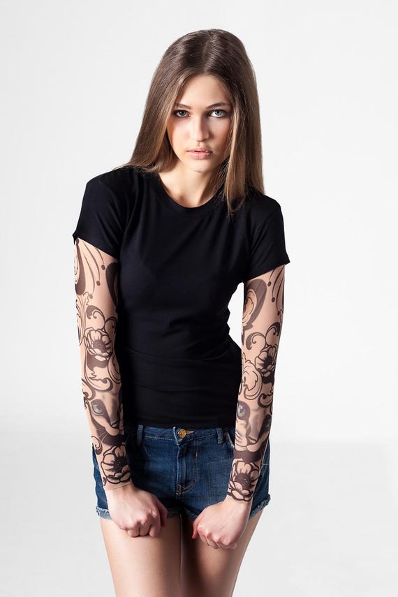 Tattoo T-shirt with MYSTIC CAT Tattoo Sleeves, Temporary Tattoo, Mesh Tattoo, Womens T-shirts, Halloween Shirt, Funny Gift, Gift for Woman