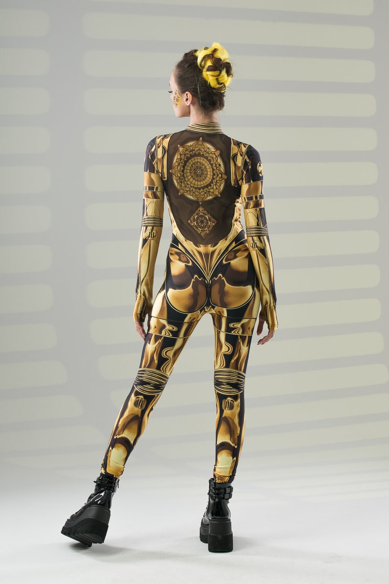 GOLD ARMOR Kostüm für Damen, Halloween-Kostüm für Damen, Catsuit mit Tattoo Effekt auf dem Rücken, Goldenes Kostüm für Damen, Mandala Tattoo Bild 5