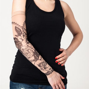 Unisex ROSES & CHAPLET Mesh Tattoo Sleeve, Temporary Tattoo, Fake Tattoo, Large Tattoo, Tattoos, Party, Halloween, Costume, Funny Gift Idea