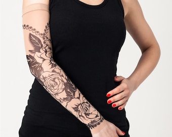 Unisex ROSES & CHAPLET Netz-Tattoo-Hülle, temporäres Tattoo, Fake-Tattoo, großes Tattoo, Tattoos, Party, Halloween, Kostüm, lustige Geschenkidee