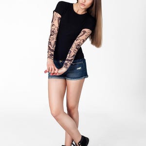 Tattoo T-shirt with MYSTIC CAT Tattoo Sleeves, Temporary Tattoo, Mesh Tattoo, Womens T-shirts, Halloween Shirt, Funny Gift, Gift for Woman image 3