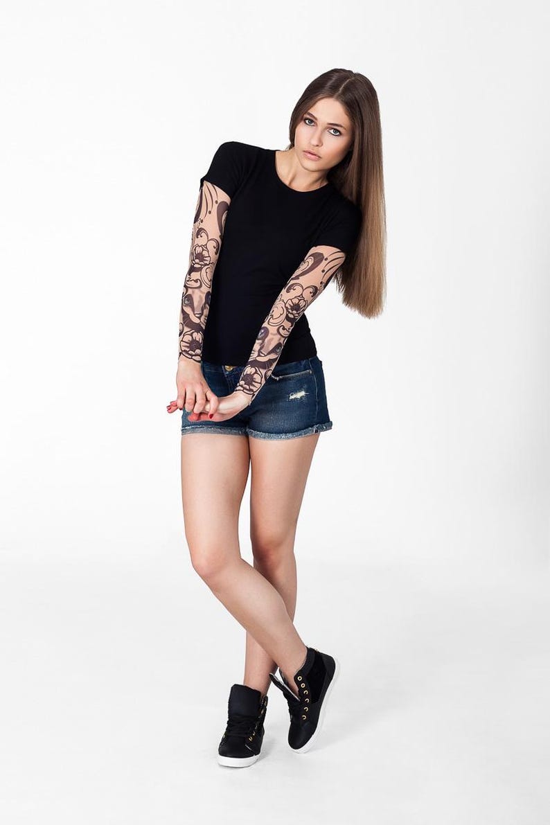Tattoo T-shirt with MYSTIC CAT Tattoo Sleeves, Temporary Tattoo, Mesh Tattoo, Womens T-shirts, Halloween Shirt, Funny Gift, Gift for Woman image 3