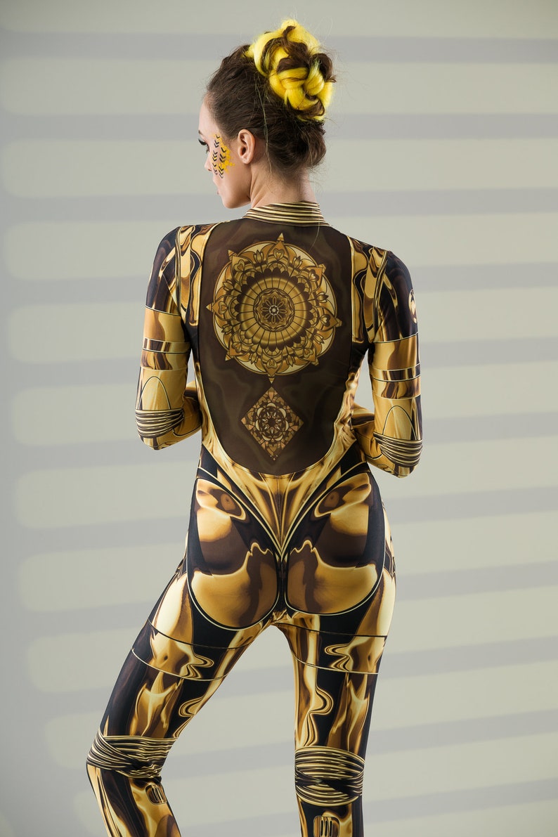 GOLD ARMOR Kostüm für Damen, Halloween-Kostüm für Damen, Catsuit mit Tattoo Effekt auf dem Rücken, Goldenes Kostüm für Damen, Mandala Tattoo Bild 6