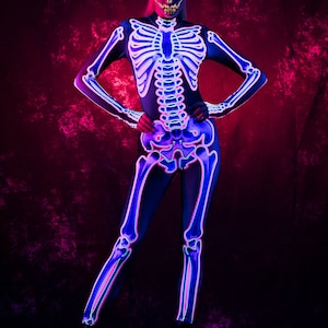 UV REACTIVE Skeleton Halloween Costume, Neon Pink Skeleton Costume for Women, Fluorescent Costume, UV Halloween Costume, Party Halloween