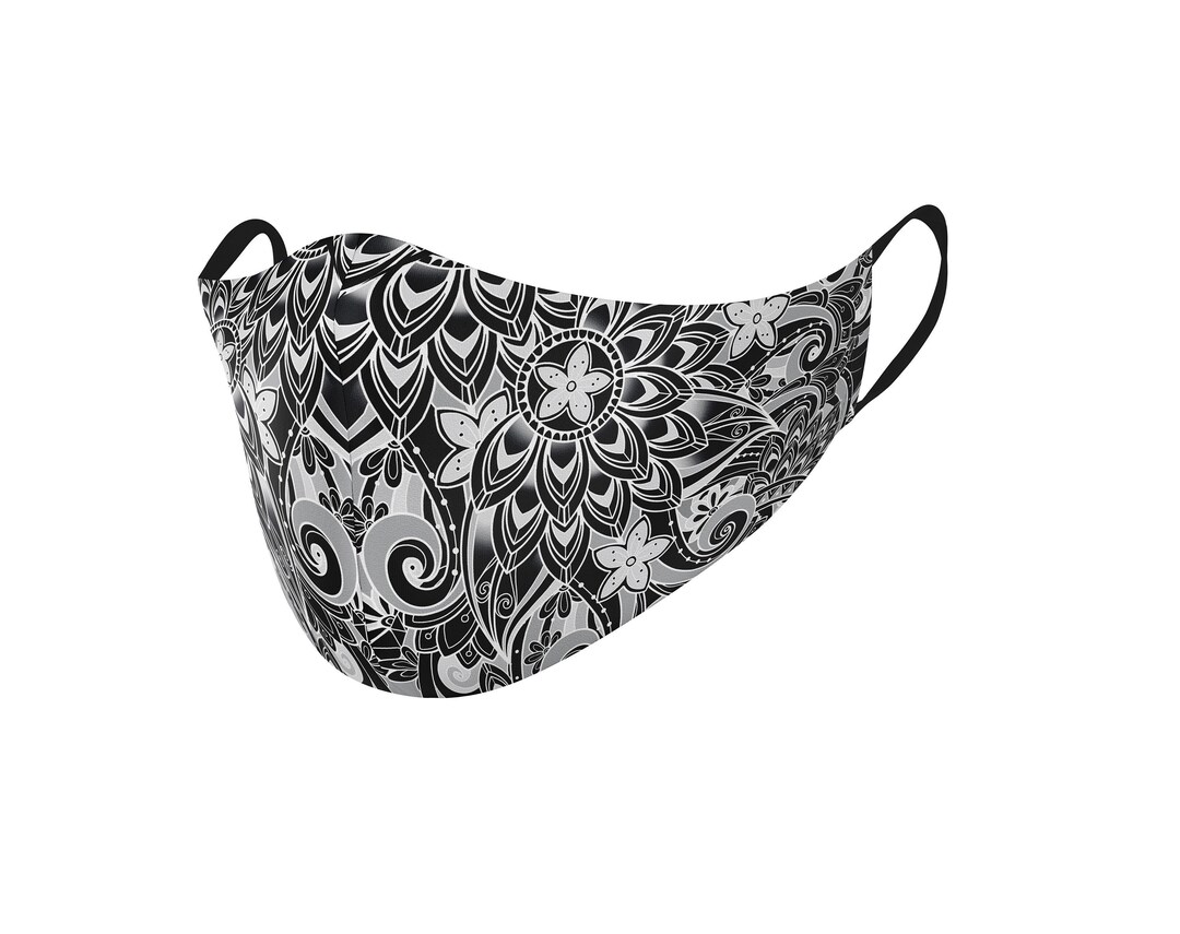 3 Layers Face Mask, Black & White Flowers Face Mask, Reusable Face Mask