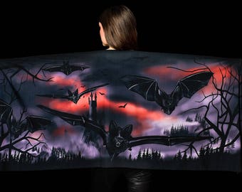 CASTLE & BATS Schal, bedruckter Schal, Fledermäuse Wrap, Halloween Schal, Halloween bedruckter Schal, Vampir Schal, Dark Castle Schal, Halloween Outfit
