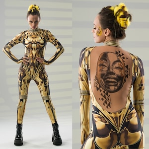 GOLD ARMOR Costume for Women, Halloween Costume for Women, Catsuit with Tattoo Effect on the Back, Golden Costume for Women , AI Costume