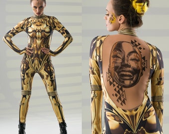 GOLD ARMOR Costume for Women, Halloween Costume for Women, Catsuit with Tattoo Effect on the Back, Golden Costume for Women , AI Costume