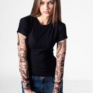 Tattoo-T-shirt met MYSTIC CAT-tatoeagemouwen, tijdelijke tattoo, mesh-tatoeage, dames-T-shirts, Halloween-shirt, grappig cadeau, cadeau voor vrouw