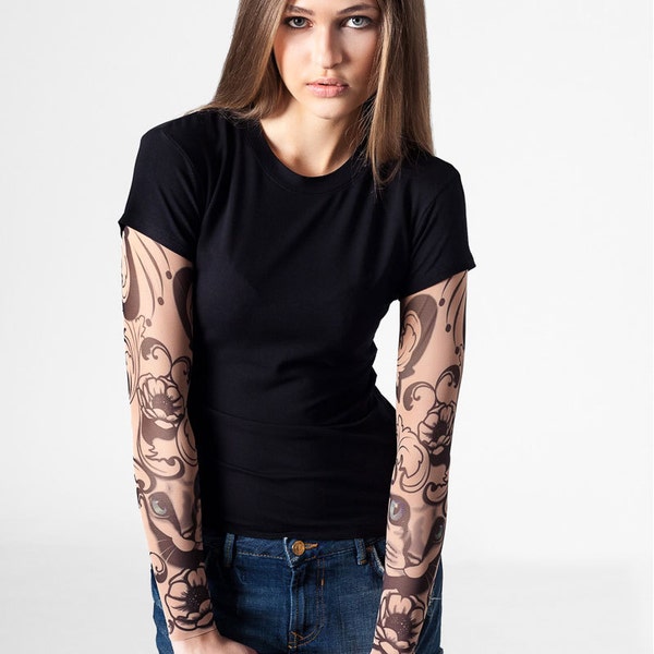 Tattoo T-shirt with MYSTIC CAT Tattoo Sleeves, Temporary Tattoo, Mesh Tattoo, Womens T-shirts, Halloween Shirt, Funny Gift, Gift for Woman