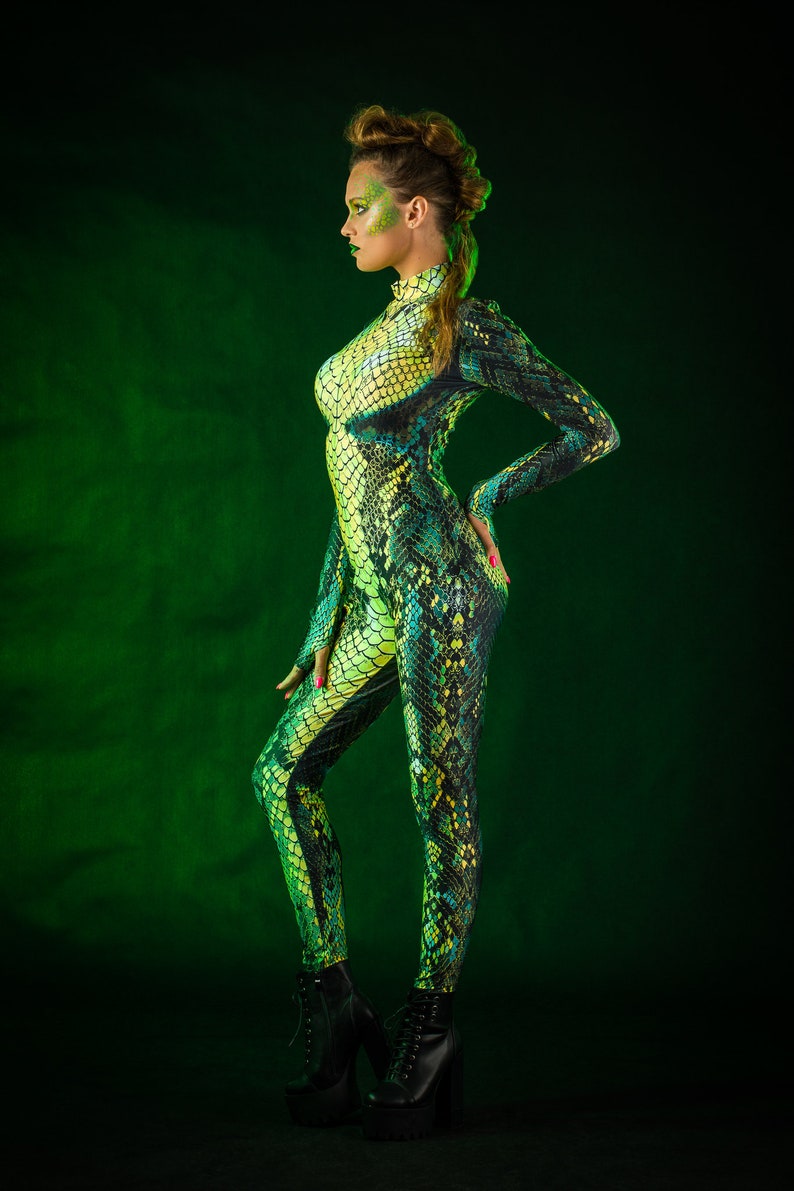 GRÜNE SCHLANGE Halloween-Kostüm für Frauen, Halloween-Kostüm für Frauen, Jumpsuit mit Tattoo-Effekt auf dem Rücken, Schlangenhaut-Catsuit für Frauen Bild 5