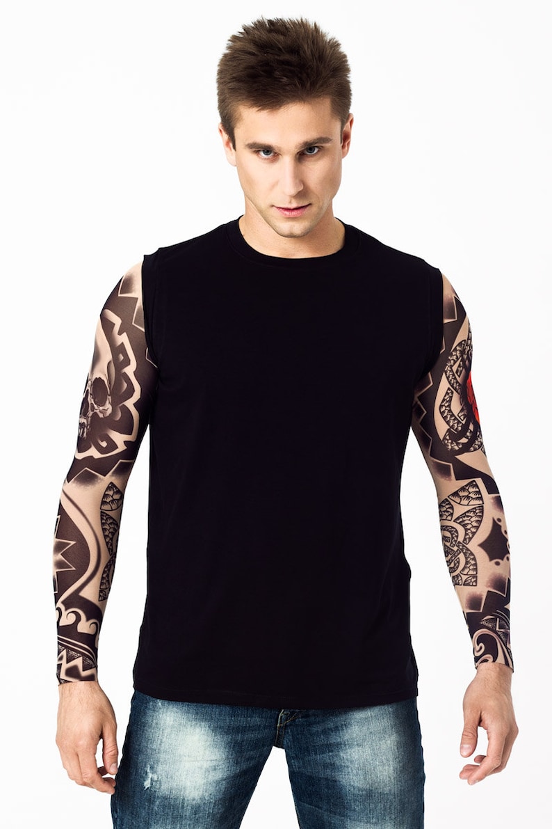 Mens Tank Top With DARK SKULL TRIBAL Temporary Tattoo Sleeves Etsy