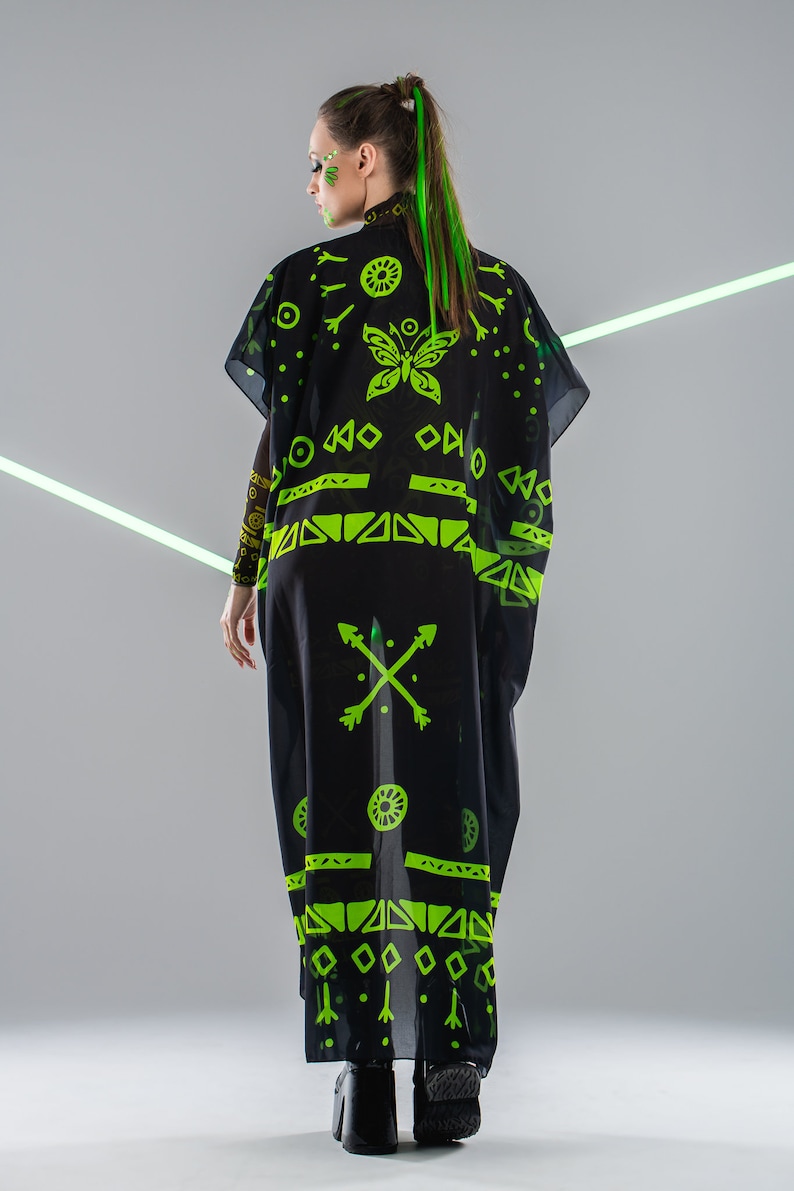 GREEN TRIBAL FLUORESCENT Kimono, Festival Kimono, Festival Outfit, Rave Kimono, Halloween Costume, Fluorescent Clothing, Spectacular Look image 4