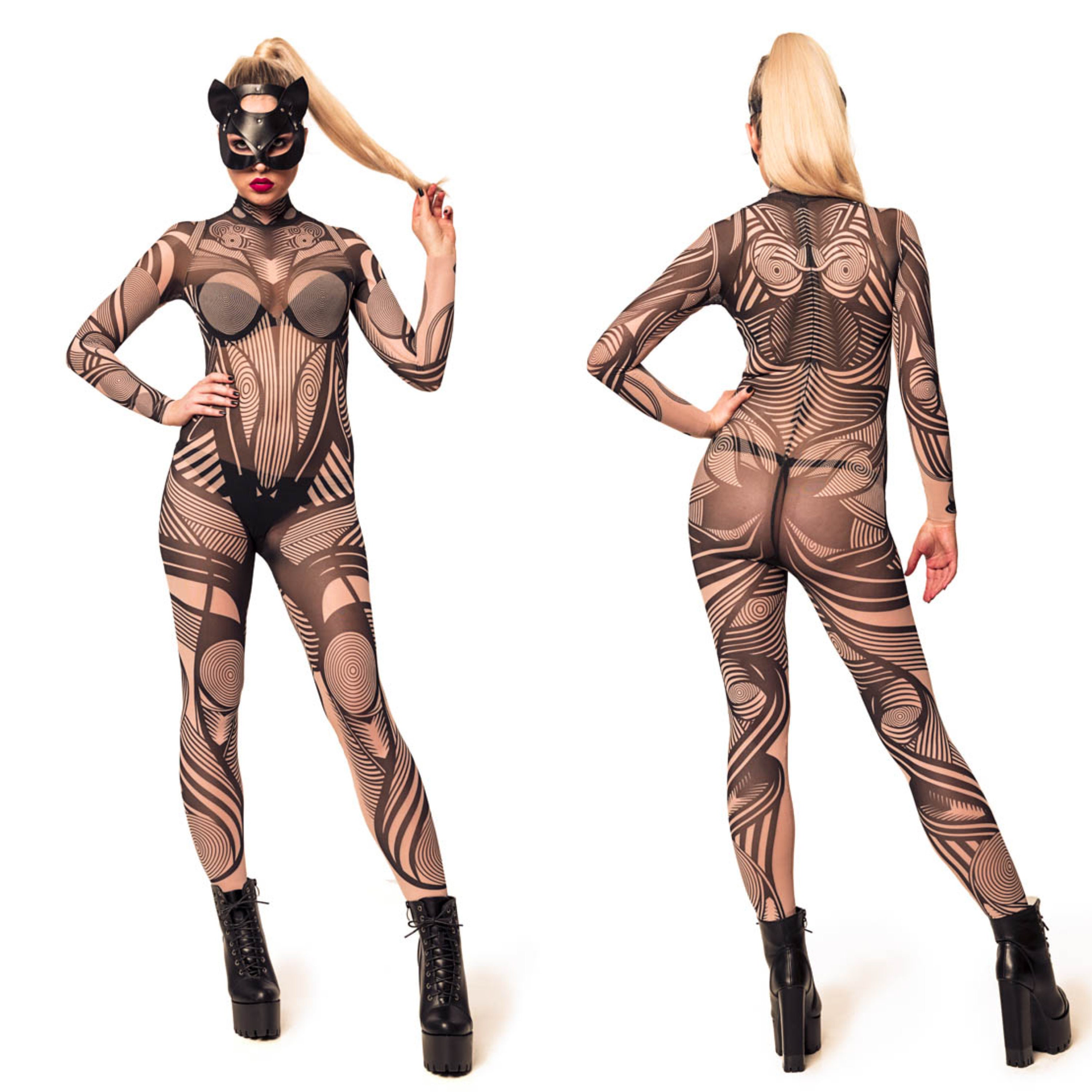 HYPNOTIC STYLE Full Body Catsuit, Black Catsuit, Mesh Costume, Fake Tattoo  Costume, Festival Clothing, Halloween Costume, Halloween Jumpsuit 