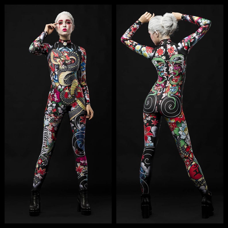 YAKUZA STYLE Halloween Costume, Geisha Costume, Tattoo Costume, Halloween Sexy Catsuit, Cosplay Costume for Women, Japan Style Design 