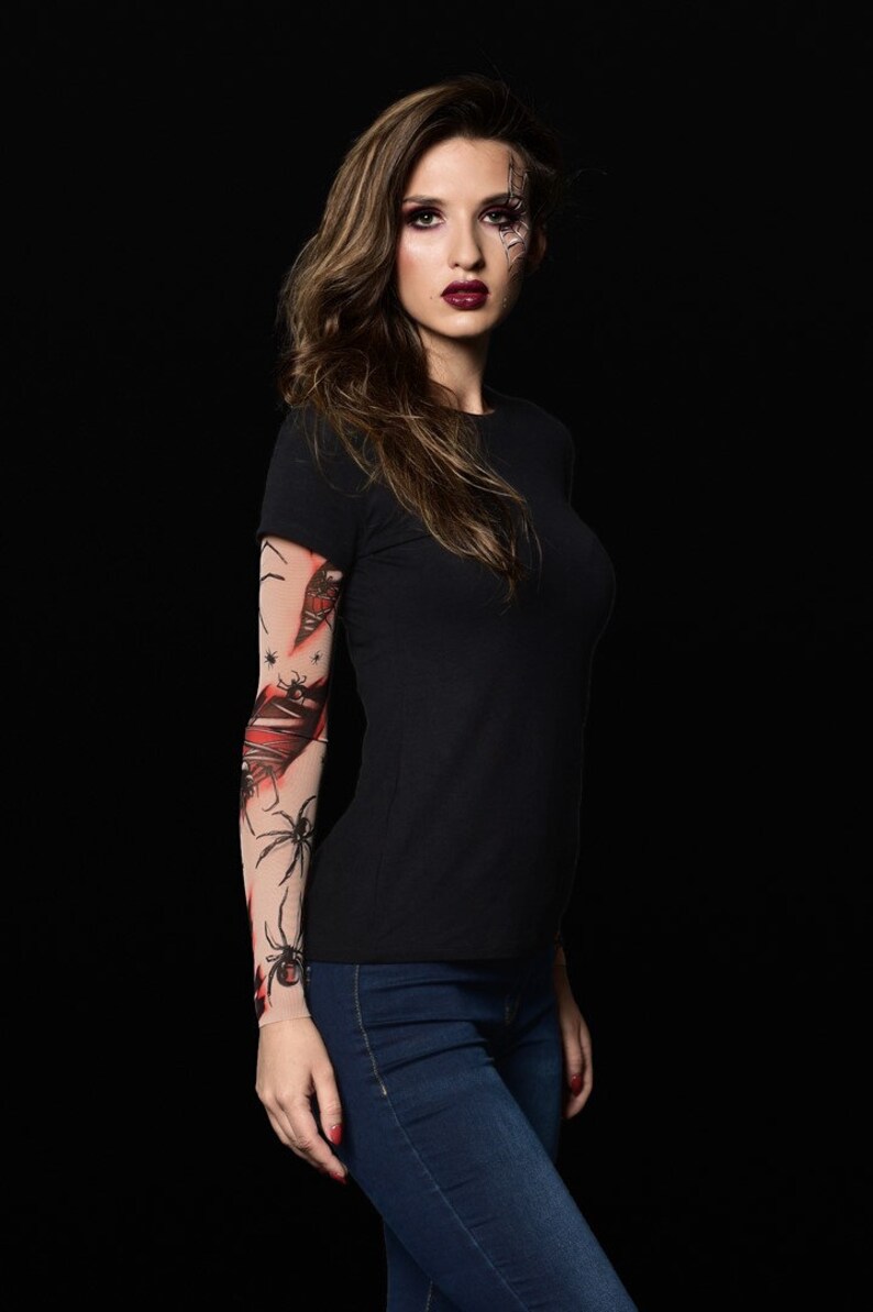 Spiders Halloween T-shirt for Women, Spiderweb Tattoo Sleeves, Halloween Tattoo, Halloween Top, Halloween Womens Shirt, Halloween Costume image 3
