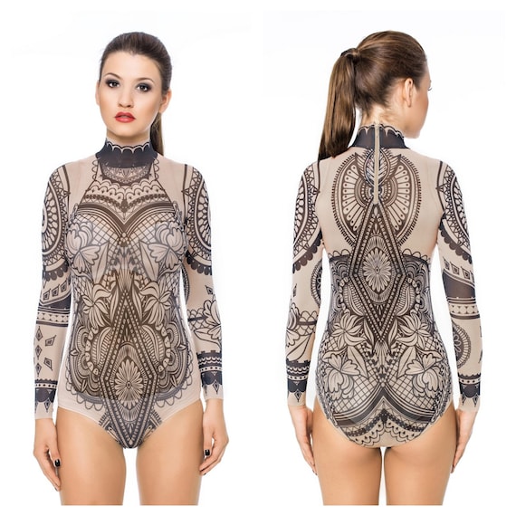 NEW AZTEC FLOWERS Tattoo Bodysuit, Mesh Body, Tattoo Body, Womens Underwear,  Tribal Bodysuit for Women, Printed Body, Fake Tattoo Costume 