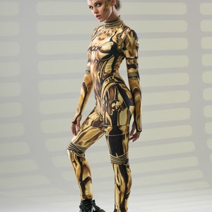 GOLD ARMOR Kostüm für Damen, Halloween-Kostüm für Damen, Catsuit mit Tattoo Effekt auf dem Rücken, Goldenes Kostüm für Damen, Mandala Tattoo Bild 4