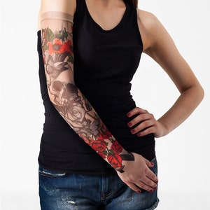 Unisex SKULL & ROSES Mesh Tattoo Sleeve, Temporary Tattoo, Large Tattoo, Fake Tattoo, Halloween Costume, Halloween Tattoo, Halloween Gift
