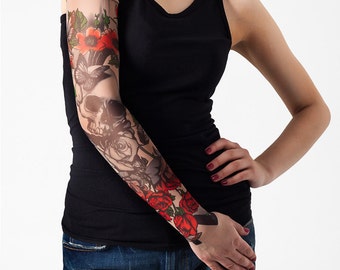 Unisex SKULL & ROSES Mesh Tattoo Sleeve, Temporary Tattoo, Large Tattoo, Fake Tattoo, Halloween Costume, Halloween Tattoo, Halloween Gift