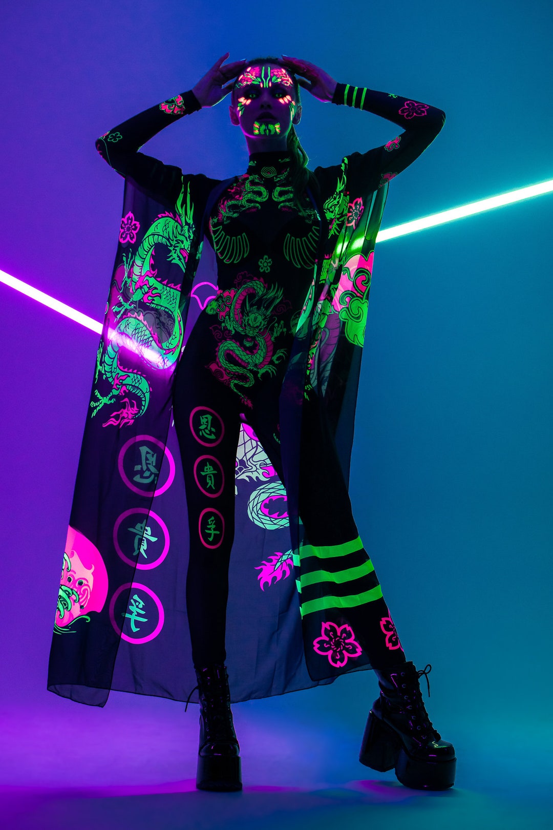 CHINESE DRAGONS FLUORESCENT Black Catsuit \u0026 Kimono Set, Festival Full Outfit,  Rave Set, Halloween Costume, Mesh Catsuit, Fluorescent Dragon - Etsy Israel, image size:1080x1620