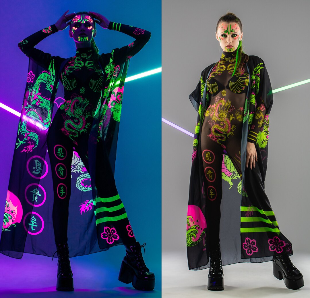 CHINESE DRAGONS FLUORESCENT Black Catsuit & Kimono Set, Festival Full ...