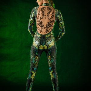 GRÜNE SCHLANGE Halloween-Kostüm für Frauen, Halloween-Kostüm für Frauen, Jumpsuit mit Tattoo-Effekt auf dem Rücken, Schlangenhaut-Catsuit für Frauen Bild 3