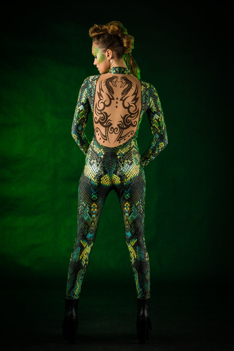 GRÜNE SCHLANGE Halloween-Kostüm für Frauen, Halloween-Kostüm für Frauen, Jumpsuit mit Tattoo-Effekt auf dem Rücken, Schlangenhaut-Catsuit für Frauen Bild 3