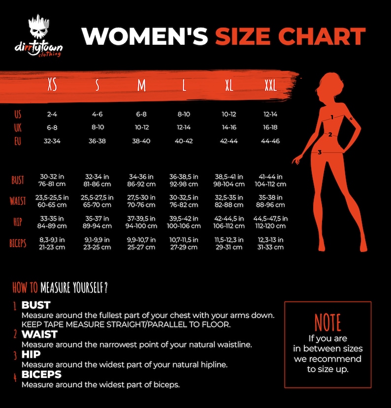 May include: Women's size chart with measurements in inches and centimeters for bust, waist, hip, and biceps. The chart includes sizes XS, S, M, L, XL, and XXL.