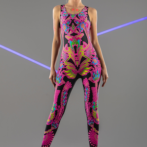 NEON FLOWERS UV Light Set Costume, Neon Bodysuit, Rave Onsie, Festival Outfit, Burning Man Clothing, Halloween Costume, Rainbow Clothing Set Single jumsuit