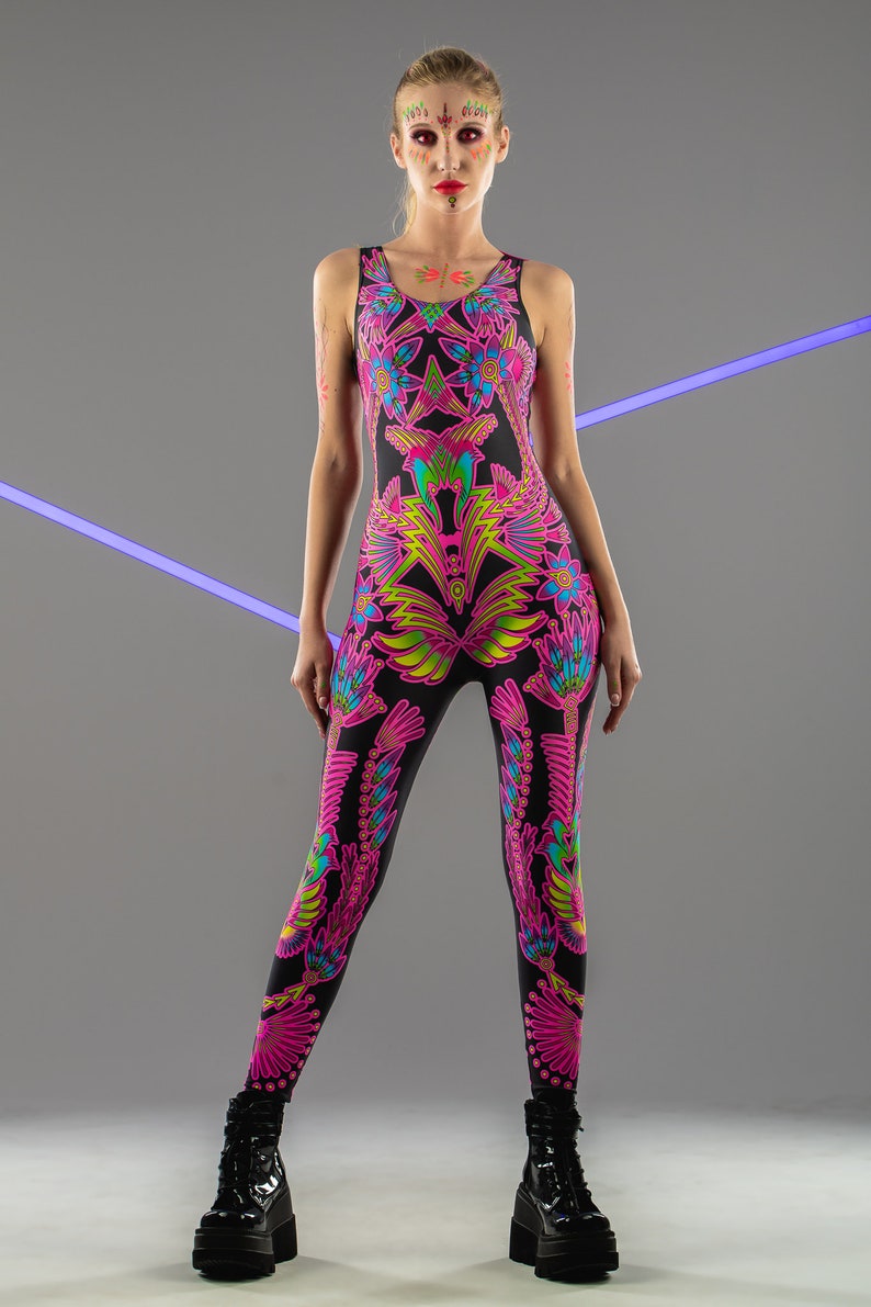 NEON FLOWERS UV Light Set Costume, Neon Bodysuit, Rave Onsie, Festival Outfit, Burning Man Clothing, Halloween Costume, Rainbow Clothing Set Single jumsuit