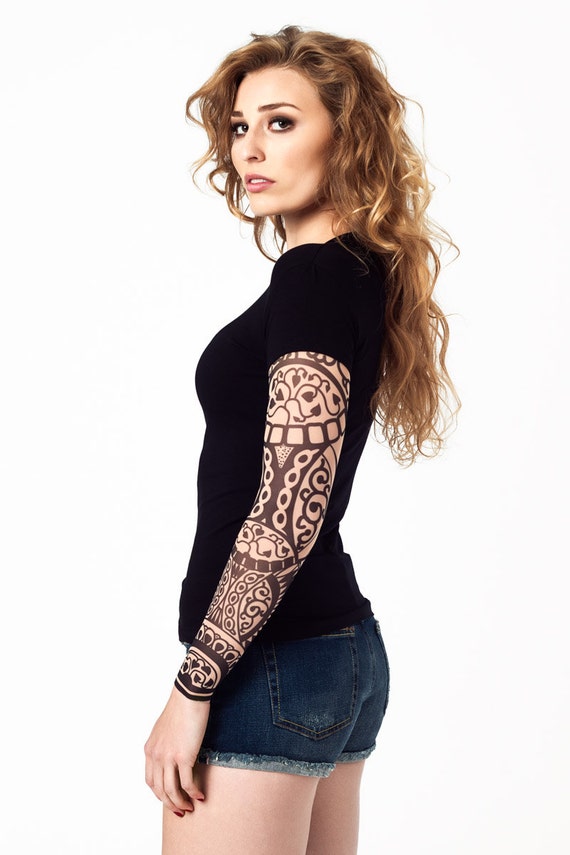 Womens Shirt With BLACK ORIENT Temporary Tattoo Sleeves, Womens T