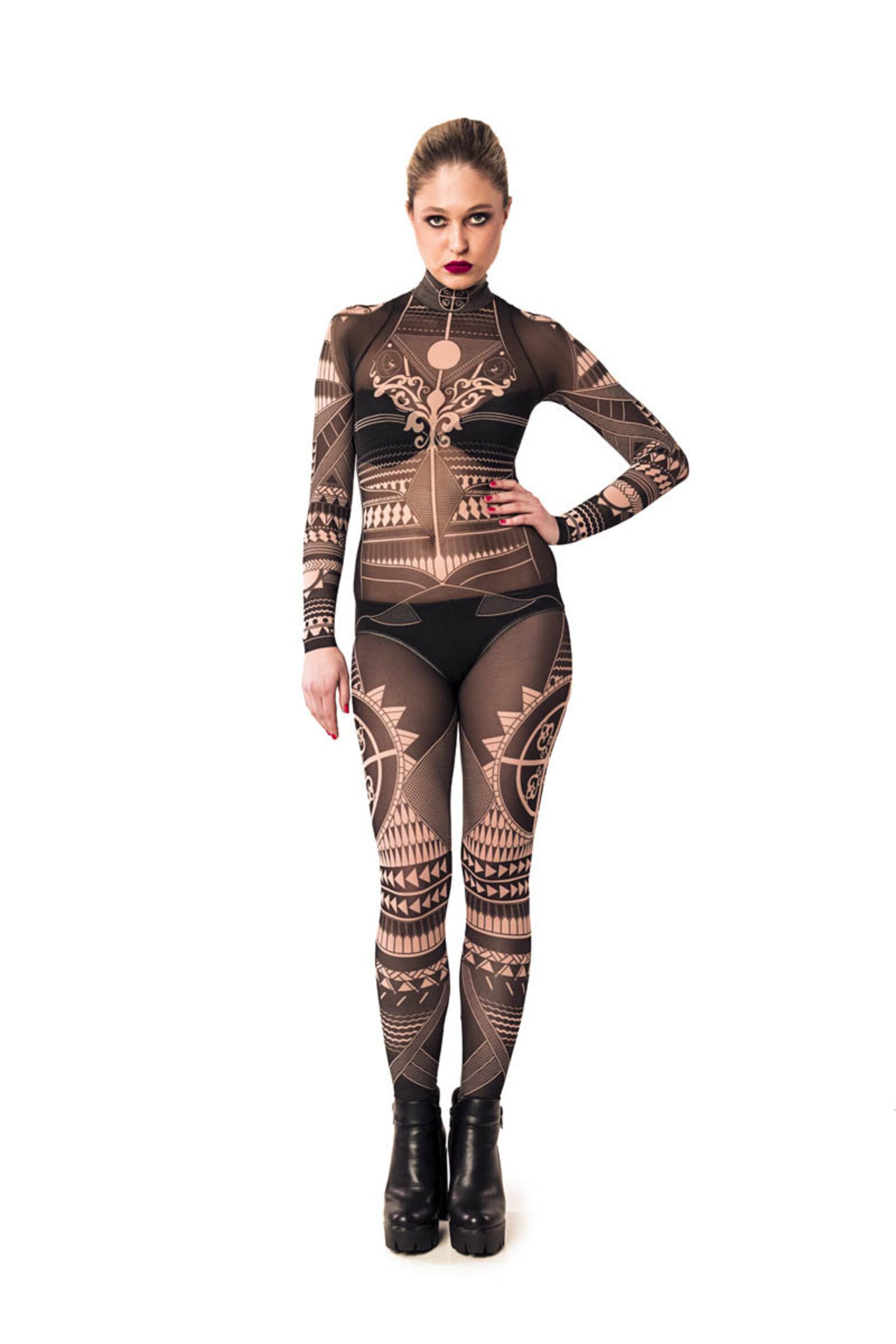 Semi-Sheer Sublime Mesh Tribal Print Bodysuit