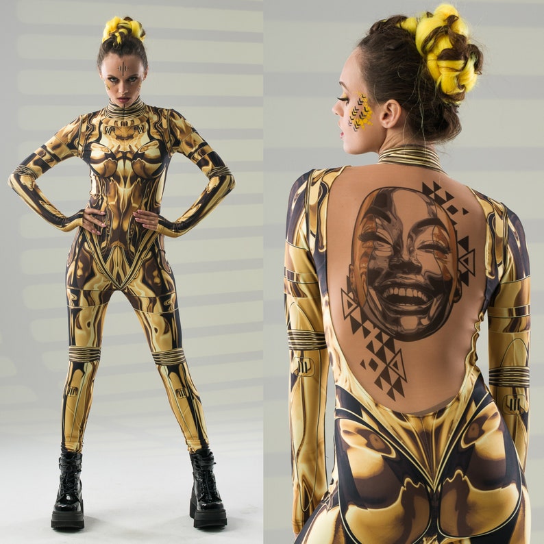 GOLD ARMOR Kostüm für Damen, Halloween-Kostüm für Damen, Catsuit mit Tattoo Effekt auf dem Rücken, Goldenes Kostüm für Damen, Mandala Tattoo AI tattoo design