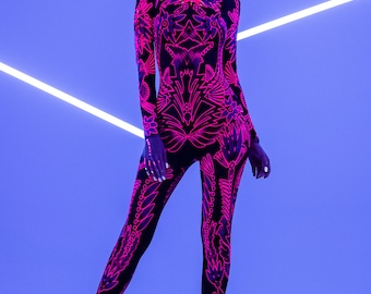 NEON FLOWERS FLUORESCENT Black Catsuit, Rave Mesh Onsie, Festival Bodysuit, Pink Neon Clothing, Neon Abstract Design, Halloween Costume