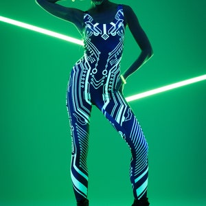 CYBER UV REACTIVE Jumpsuit, Neon Bodysuit, Rave Onsie, Festival Outfit, Burning Man Clothing, Halloween Costume, Futuristic Costume